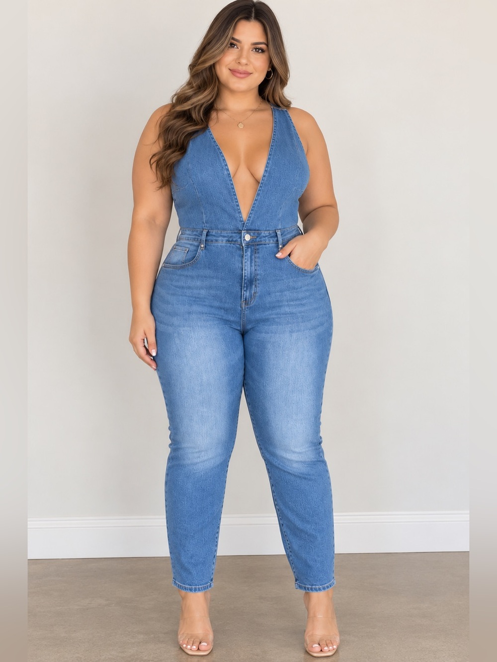 Prettylittlething Shape Light Blue Wash Plunge Skinny Denim Jumpsuit Size 14